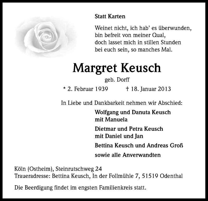  Traueranzeige für Margret Keusch vom 26.01.2013 aus Kölner Stadt-Anzeiger / Kölnische Rundschau / Express