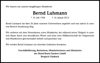 Anzeige von Bernd Luhmann von Kölner Stadt-Anzeiger / Kölnische Rundschau / Express