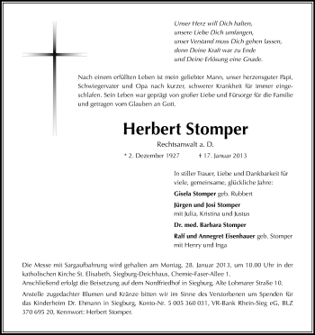 Anzeige von Herbert Stomper von Kölner Stadt-Anzeiger / Kölnische Rundschau / Express