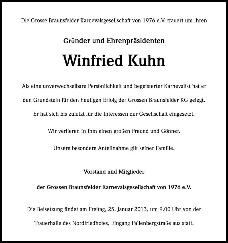  Traueranzeige für Winfried Kuhn vom 23.01.2013 aus Kölner Stadt-Anzeiger / Kölnische Rundschau / Express