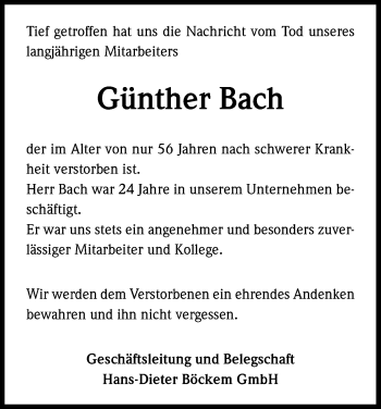 Anzeige von Günther Bach von Kölner Stadt-Anzeiger / Kölnische Rundschau / Express