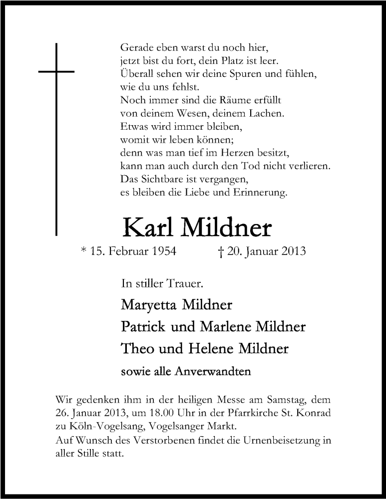  Traueranzeige für Karl Mildner vom 26.01.2013 aus Kölner Stadt-Anzeiger / Kölnische Rundschau / Express