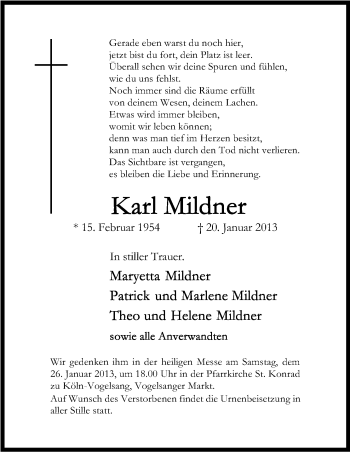 Anzeige von Karl Mildner von Kölner Stadt-Anzeiger / Kölnische Rundschau / Express
