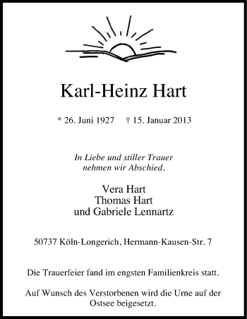 Anzeige von Karl-Heinz Hart von Kölner Stadt-Anzeiger / Kölnische Rundschau / Express