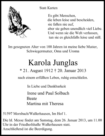 Anzeige von Karola Junglas von Kölner Stadt-Anzeiger / Kölnische Rundschau / Express