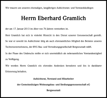 Anzeige von Eberhard Gramlich von Kölner Stadt-Anzeiger / Kölnische Rundschau / Express