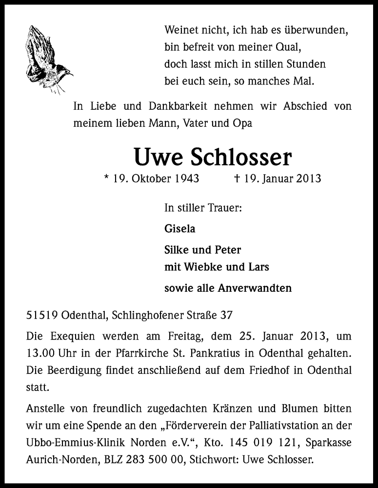  Traueranzeige für Uwe Schlosser vom 23.01.2013 aus Kölner Stadt-Anzeiger / Kölnische Rundschau / Express