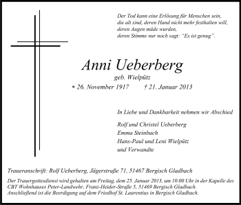 Anzeige von Anni Ueberberg von Kölner Stadt-Anzeiger / Kölnische Rundschau / Express