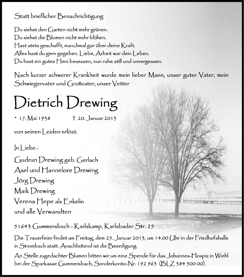  Traueranzeige für Dietrich Drewing vom 23.01.2013 aus Kölner Stadt-Anzeiger / Kölnische Rundschau / Express