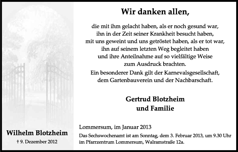  Traueranzeige für Wilhelm Blotzheim vom 26.01.2013 aus Kölner Stadt-Anzeiger / Kölnische Rundschau / Express