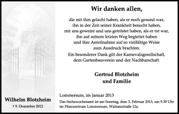 Anzeige von Wilhelm Blotzheim von Kölner Stadt-Anzeiger / Kölnische Rundschau / Express