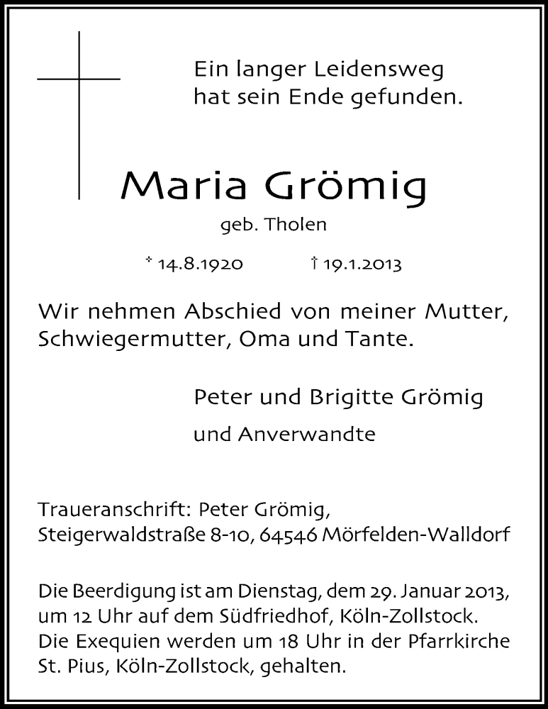 Traueranzeige für Maria Grömig vom 26.01.2013 aus Kölner Stadt-Anzeiger / Kölnische Rundschau / Express