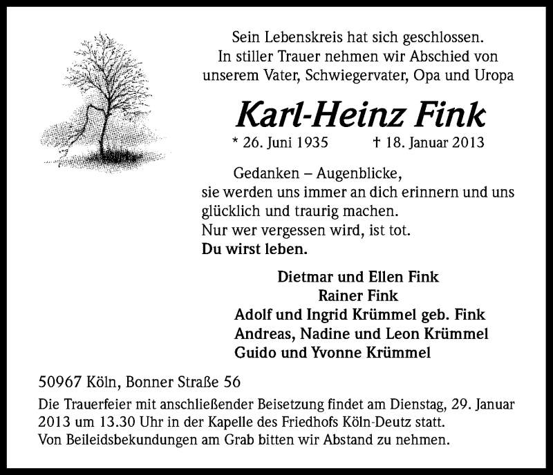  Traueranzeige für Karl-Heinz Fink vom 26.01.2013 aus Kölner Stadt-Anzeiger / Kölnische Rundschau / Express