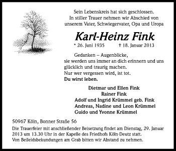 Anzeige von Karl-Heinz Fink von Kölner Stadt-Anzeiger / Kölnische Rundschau / Express