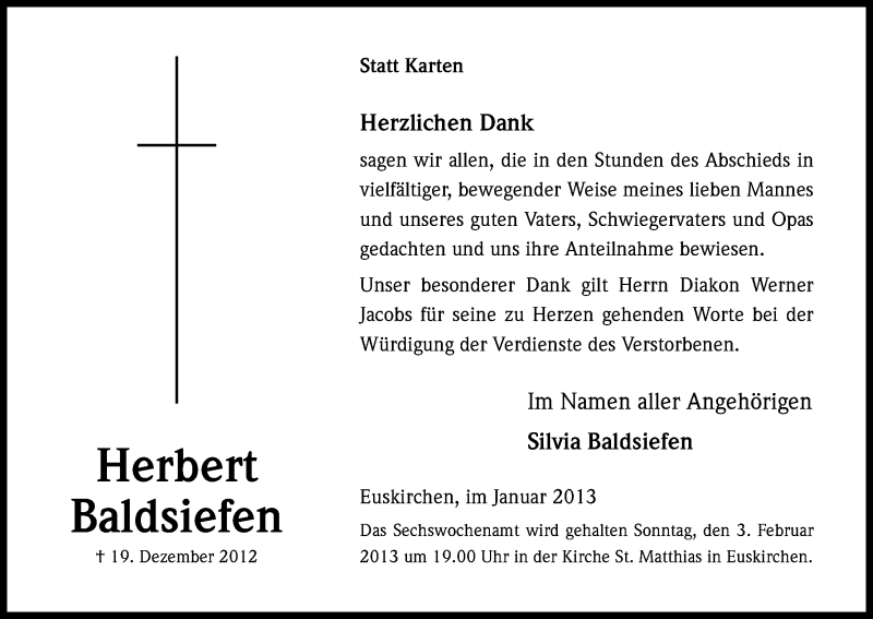  Traueranzeige für Herbert Baldsiefen vom 26.01.2013 aus Kölner Stadt-Anzeiger / Kölnische Rundschau / Express