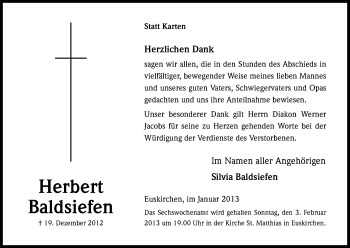 Anzeige von Herbert Baldsiefen von Kölner Stadt-Anzeiger / Kölnische Rundschau / Express