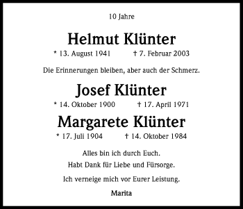 Anzeige von Helmut Klünter von Kölner Stadt-Anzeiger / Kölnische Rundschau / Express