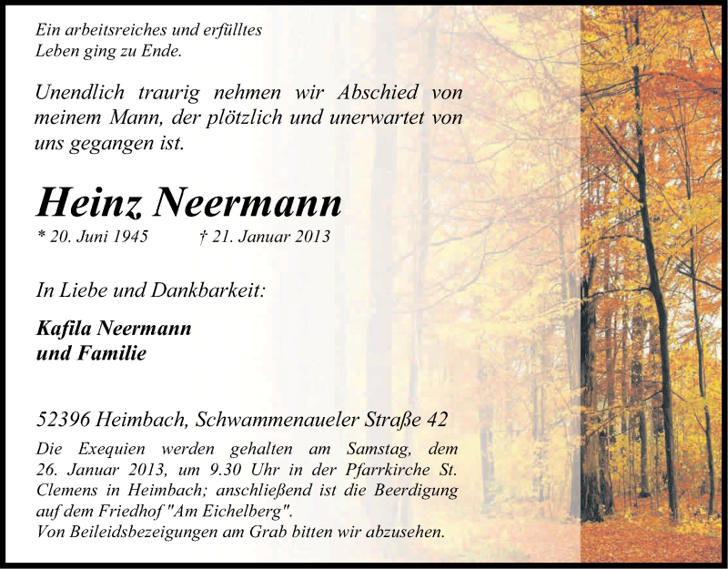  Traueranzeige für Heinz Neermann vom 24.01.2013 aus Kölner Stadt-Anzeiger / Kölnische Rundschau / Express