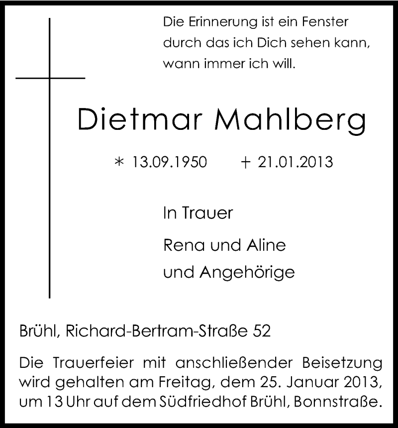  Traueranzeige für Dietmar Mahlberg vom 24.01.2013 aus Kölner Stadt-Anzeiger / Kölnische Rundschau / Express