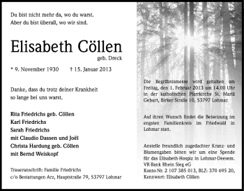 Anzeige von Elisabeth Cöllen von Kölner Stadt-Anzeiger / Kölnische Rundschau / Express