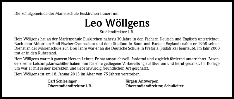  Traueranzeige für Leo Wöllgens vom 24.01.2013 aus Kölner Stadt-Anzeiger / Kölnische Rundschau / Express
