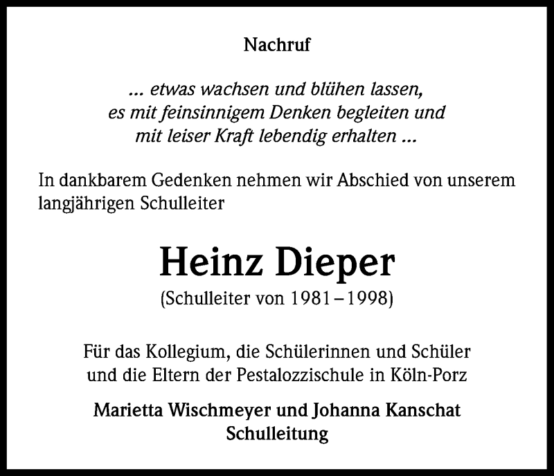  Traueranzeige für Heinz Dieper vom 26.01.2013 aus Kölner Stadt-Anzeiger / Kölnische Rundschau / Express