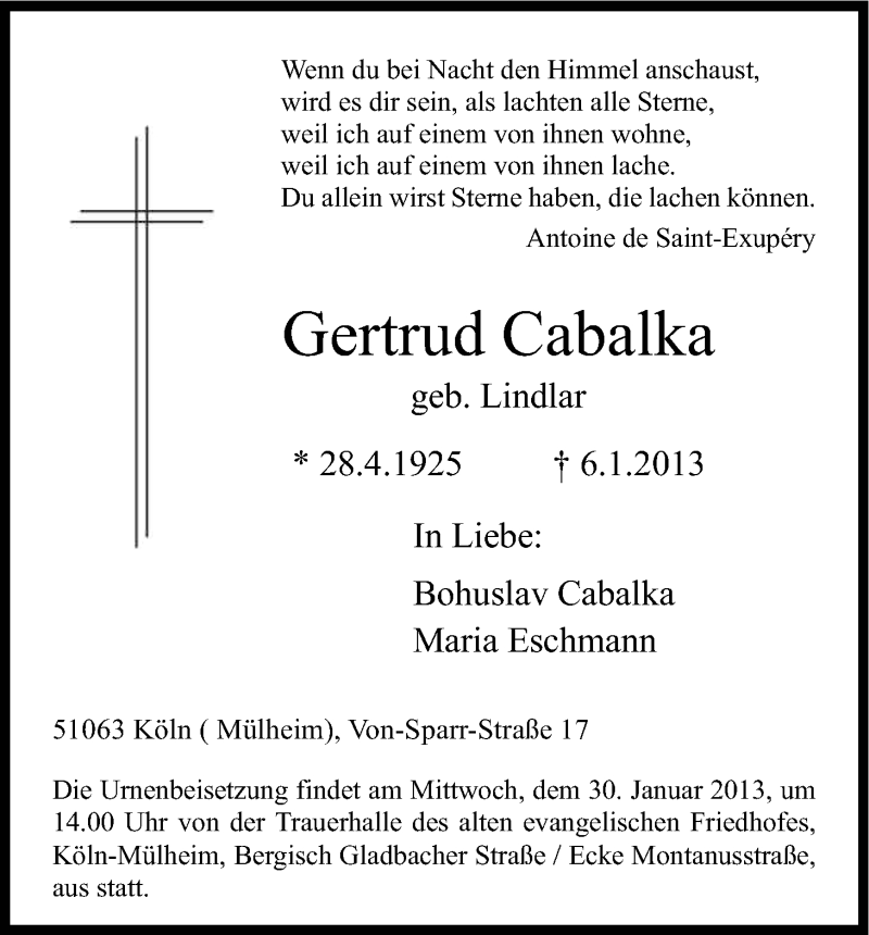  Traueranzeige für Gertrud Cabalka vom 26.01.2013 aus Kölner Stadt-Anzeiger / Kölnische Rundschau / Express