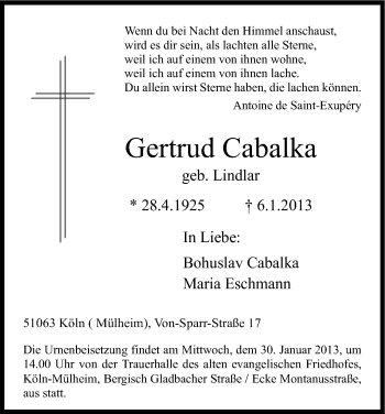 Anzeige von Gertrud Cabalka von Kölner Stadt-Anzeiger / Kölnische Rundschau / Express
