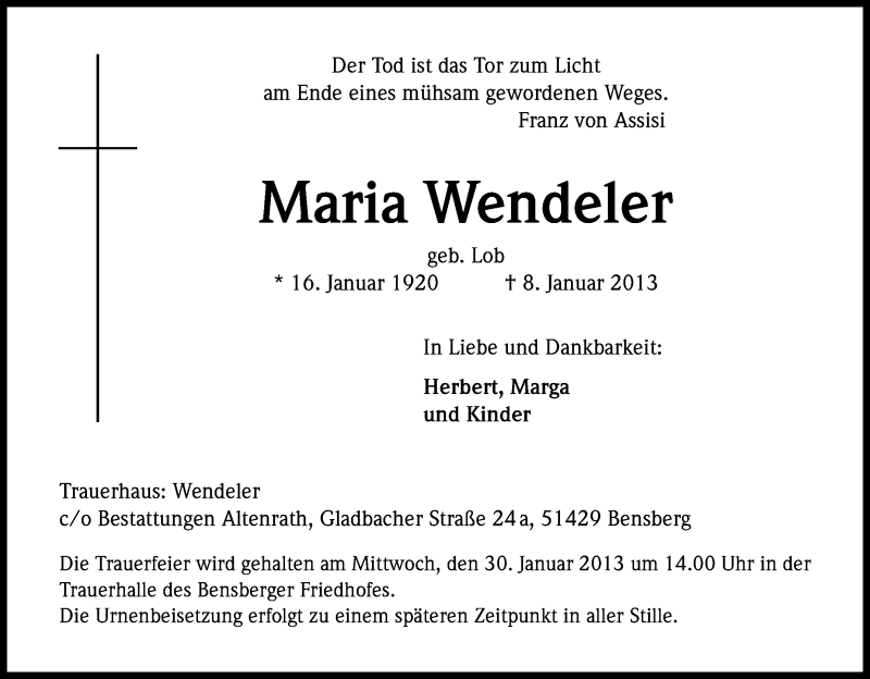  Traueranzeige für Maria Wendeler vom 25.01.2013 aus Kölner Stadt-Anzeiger / Kölnische Rundschau / Express