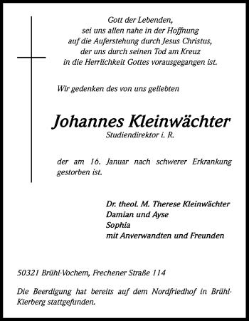 Anzeige von Johannes Kleinwächter von Kölner Stadt-Anzeiger / Kölnische Rundschau / Express