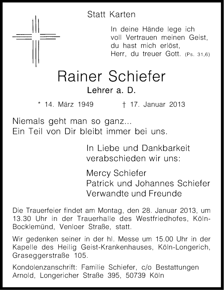  Traueranzeige für Rainer Schiefer vom 26.01.2013 aus Kölner Stadt-Anzeiger / Kölnische Rundschau / Express