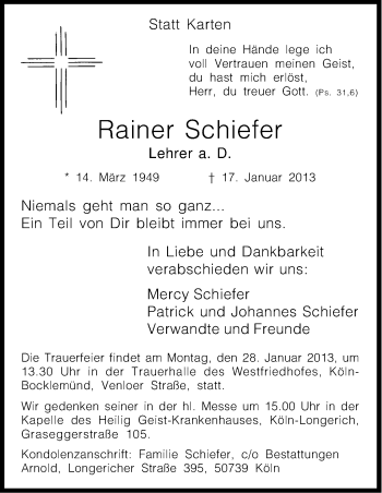 Anzeige von Rainer Schiefer von Kölner Stadt-Anzeiger / Kölnische Rundschau / Express