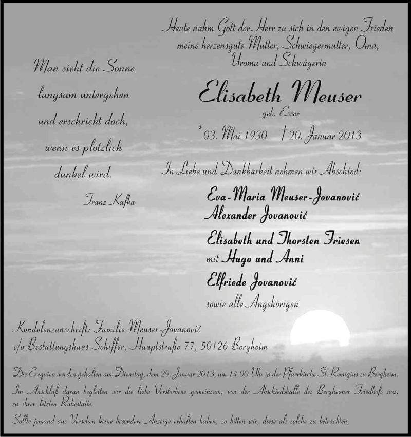  Traueranzeige für Elisabeth Meuser vom 25.01.2013 aus Kölner Stadt-Anzeiger / Kölnische Rundschau / Express