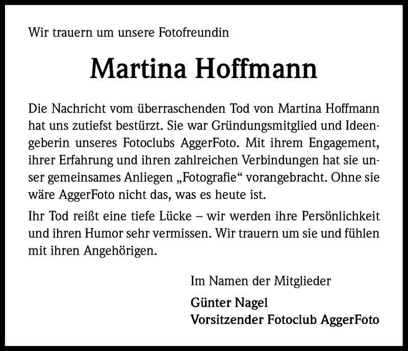  Traueranzeige für Martina Hoffmann vom 24.01.2013 aus Kölner Stadt-Anzeiger / Kölnische Rundschau / Express