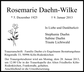 Anzeige von Rosemarie Daehn-Wilke von Kölner Stadt-Anzeiger / Kölnische Rundschau / Express