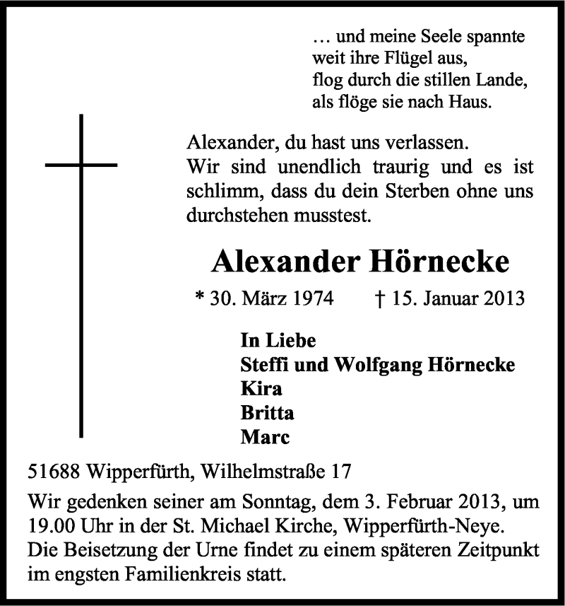  Traueranzeige für Alexander Hörnecke vom 30.01.2013 aus Kölner Stadt-Anzeiger / Kölnische Rundschau / Express