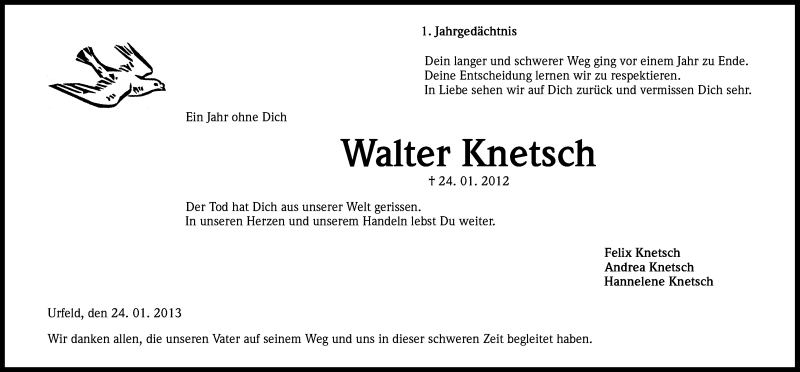  Traueranzeige für Walter Knetsch vom 24.01.2013 aus Kölner Stadt-Anzeiger / Kölnische Rundschau / Express