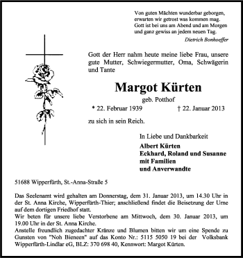 Anzeige von Margot Kürten von Kölner Stadt-Anzeiger / Kölnische Rundschau / Express