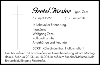 Anzeige von Gretel Förster von Kölner Stadt-Anzeiger / Kölnische Rundschau / Express