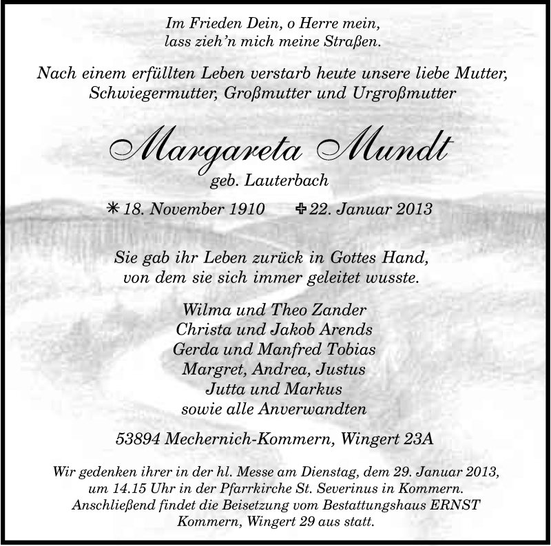  Traueranzeige für Margareta Mundt vom 24.01.2013 aus Kölner Stadt-Anzeiger / Kölnische Rundschau / Express