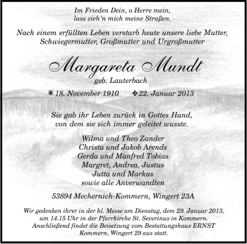 Anzeige von Margareta Mundt von Kölner Stadt-Anzeiger / Kölnische Rundschau / Express