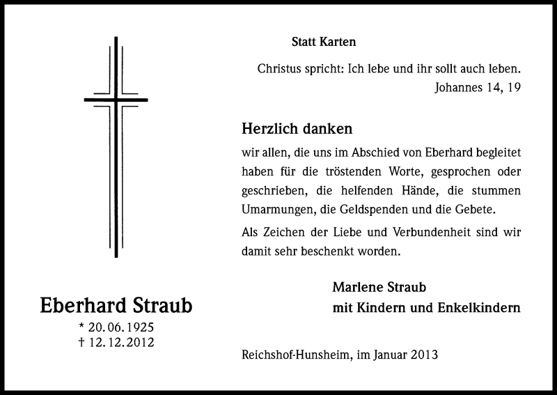  Traueranzeige für Eberhard Straub vom 26.01.2013 aus Kölner Stadt-Anzeiger / Kölnische Rundschau / Express