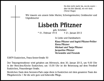 Anzeige von Lisbeth Pfitzner von Kölner Stadt-Anzeiger / Kölnische Rundschau / Express