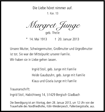 Anzeige von Margret Junge von Kölner Stadt-Anzeiger / Kölnische Rundschau / Express