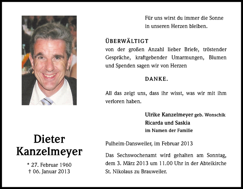  Traueranzeige für Dieter Kanzelmeyer vom 27.02.2013 aus Kölner Stadt-Anzeiger / Kölnische Rundschau / Express