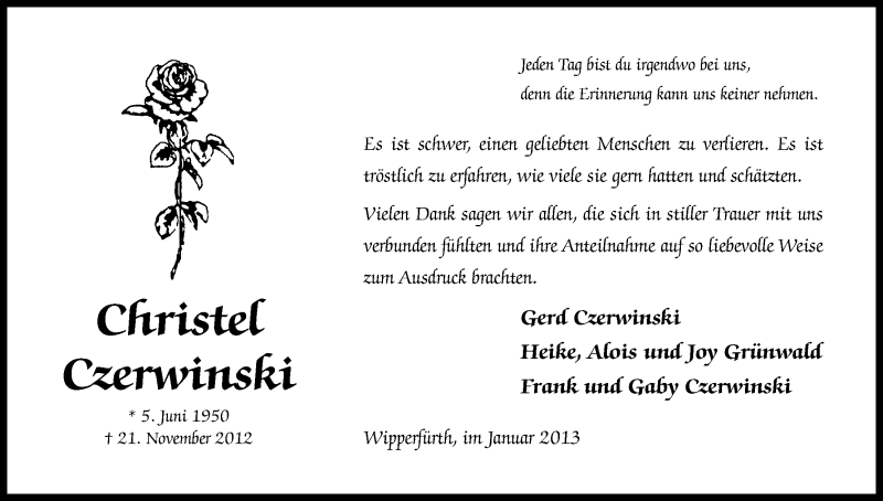  Traueranzeige für Christel Czerwinski vom 26.01.2013 aus Kölner Stadt-Anzeiger / Kölnische Rundschau / Express