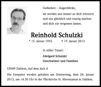 Anzeige von Reinhold Schulzki von Kölner Stadt-Anzeiger / Kölnische Rundschau / Express