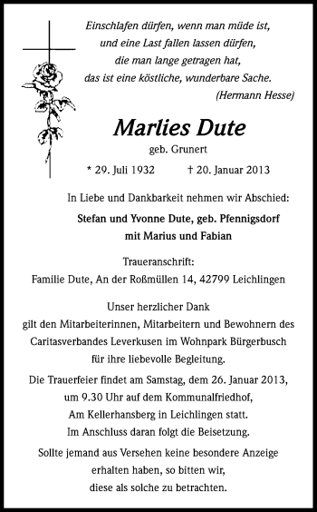 Anzeige von Marlies Dute von Kölner Stadt-Anzeiger / Kölnische Rundschau / Express