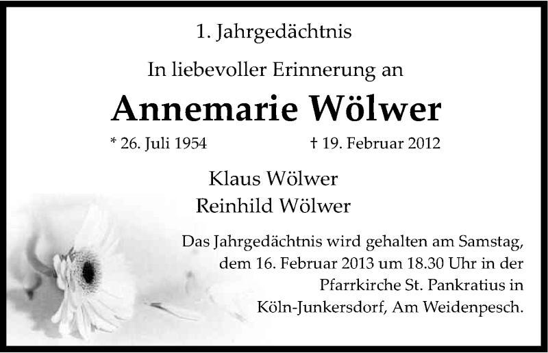  Traueranzeige für Annemarie Wölwer vom 09.02.2013 aus Kölner Stadt-Anzeiger / Kölnische Rundschau / Express