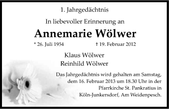 Anzeige von Annemarie Wölwer von Kölner Stadt-Anzeiger / Kölnische Rundschau / Express